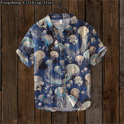 Vīriešu ar īsām piedurknēm lina apdrukāts krekls karpas apdruka japāņu populārs retro brīvdienu ikdienas ikdienas apģērbs liela izmēra XS-5XL