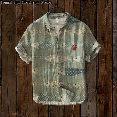 Vīriešu ar īsām piedurknēm lina apdrukāts krekls karpas apdruka japāņu populārs retro brīvdienu ikdienas ikdienas apģērbs liela izmēra XS-5XL
