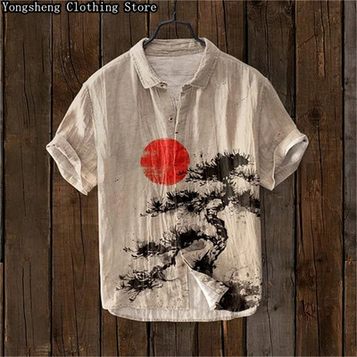 Vīriešu ar īsām piedurknēm lina apdrukāts krekls karpas apdruka japāņu populārs retro brīvdienu ikdienas ikdienas apģērbs liela izmēra XS-5XL