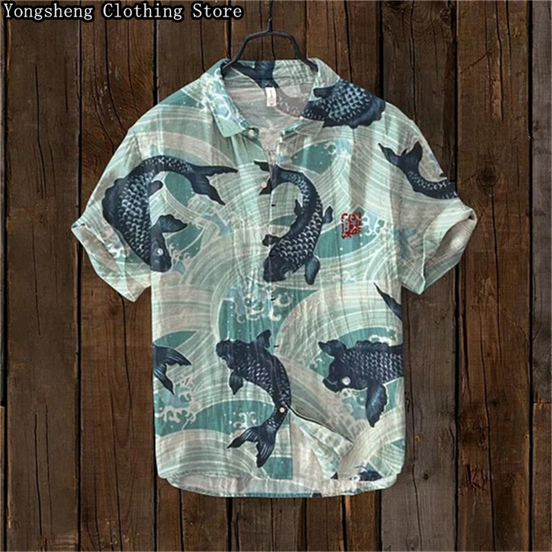 Vīriešu ar īsām piedurknēm lina apdrukāts krekls karpas apdruka japāņu populārs retro brīvdienu ikdienas ikdienas apģērbs liela izmēra XS-5XL
