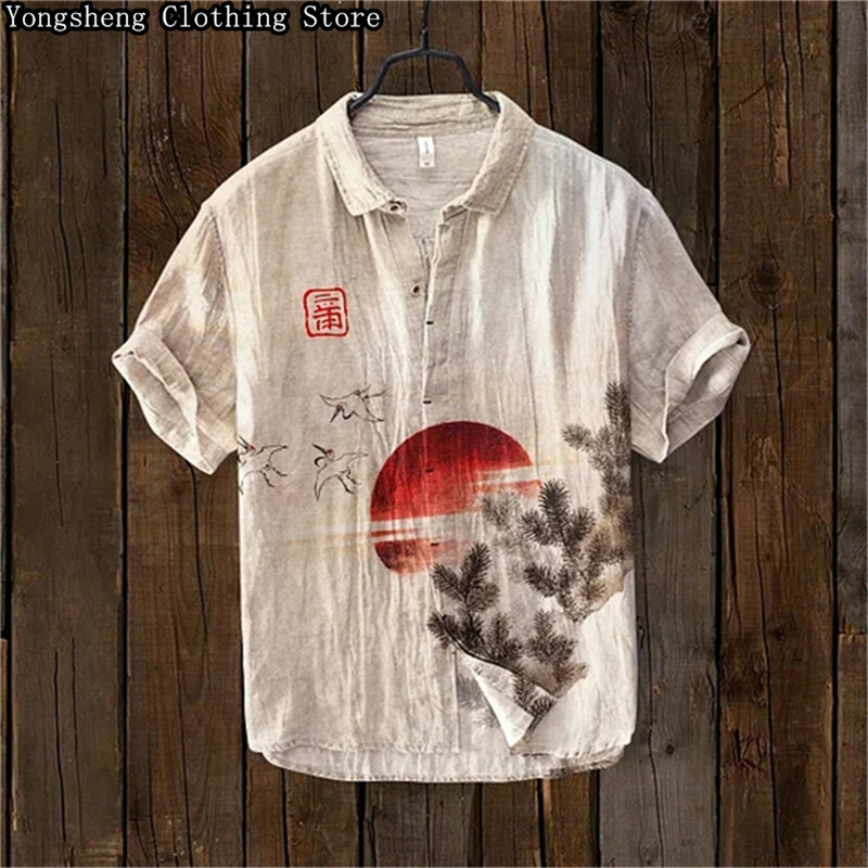 Vīriešu ar īsām piedurknēm lina apdrukāts krekls karpas apdruka japāņu populārs retro brīvdienu ikdienas ikdienas apģērbs liela izmēra XS-5XL