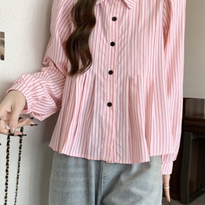 Moteriška pavasario vasara korėjietiškos mados mygtukai vienspalviai polo apykaklės moteriški marškiniai Elegantiški paprastumas medvilnė, tinkanti ilgomis rankovėmis