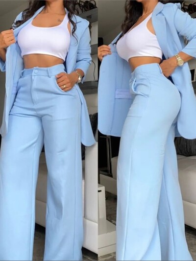 Jauns rudens sieviešu modes stingrs, robains apkakles uzvalks, divdaļīgs biznesa biroja ikdienas elegants sieviešu žakešu bikšu komplekts