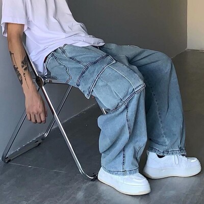 Pantaloni pentru bărbați din țesătură din denim Blugi cargo retro, cu corp largi, pentru bărbați, cu buzunare multiple Pantaloni drepti cu picioare largi, stil streetwear