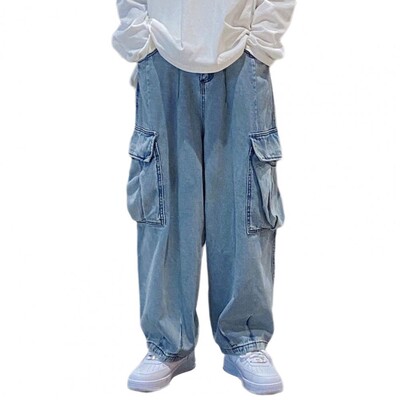 Denim kangast meeste püksid Retro lahtised teksapüksid, mitme taskuga, sirge laia säärega teksapüksid. Tänavarõivad