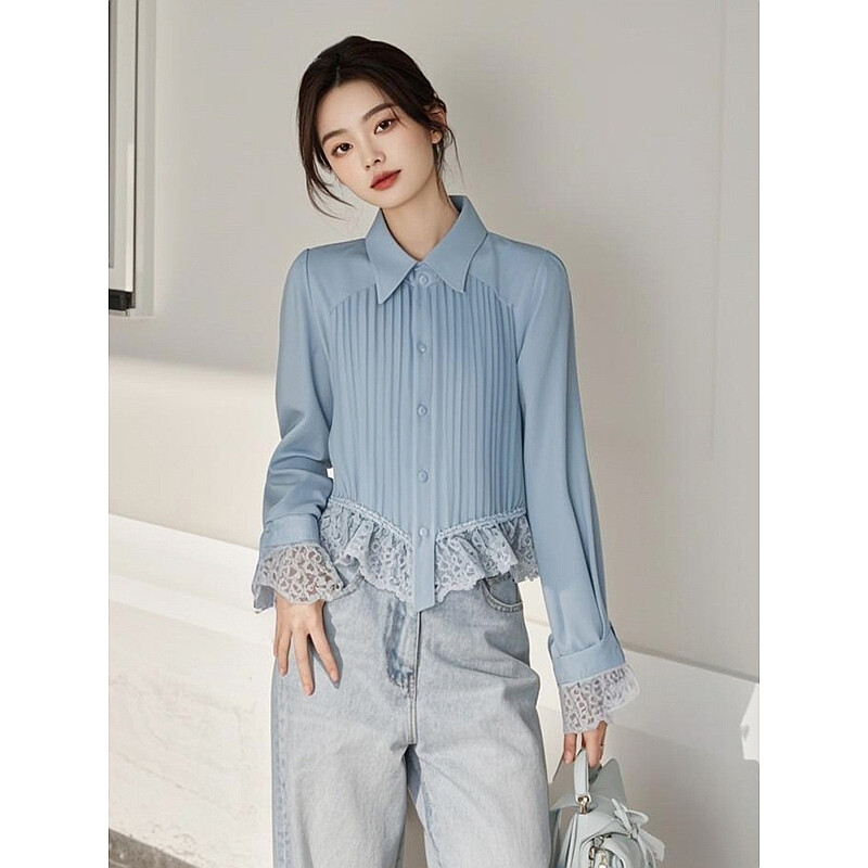Pavasario ir rudens nauji moteriški marškinėliai ilgomis rankovėmis su užsegimu Elegantiški ir universalūs mėlyni, nėriniai surišti šifoniniai marškiniai