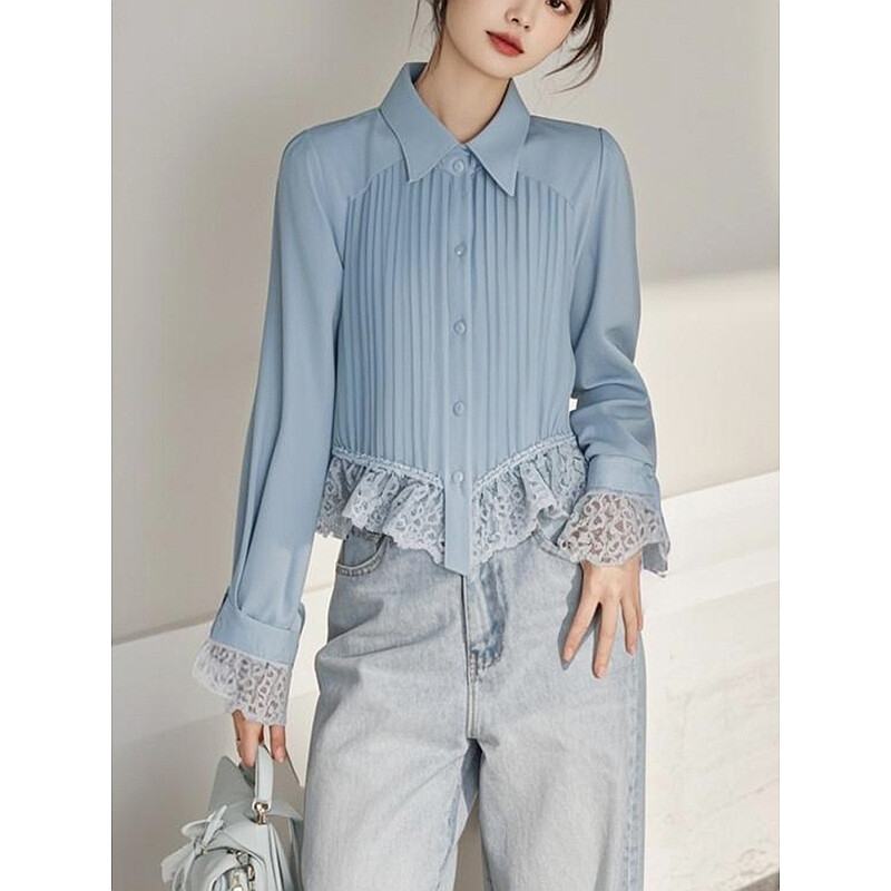 Pavasario ir rudens nauji moteriški marškinėliai ilgomis rankovėmis su užsegimu Elegantiški ir universalūs mėlyni, nėriniai surišti šifoniniai marškiniai