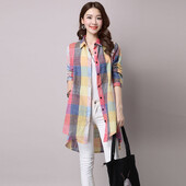 Kokvilnas lina vidēja garuma sieviešu rūtains krekls Pavasara rudens jaunais korejiešu variants, brīvs ikdienas temperamenta krekls sievietēm