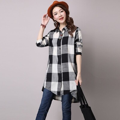 Kokvilnas lina vidēja garuma sieviešu rūtains krekls Pavasara rudens jaunais korejiešu variants, brīvs ikdienas temperamenta krekls sievietēm