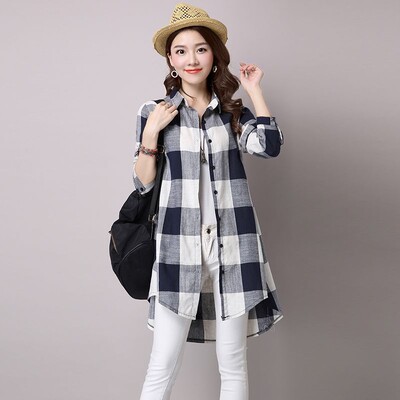 Kokvilnas lina vidēja garuma sieviešu rūtains krekls Pavasara rudens jaunais korejiešu variants, brīvs ikdienas temperamenta krekls sievietēm