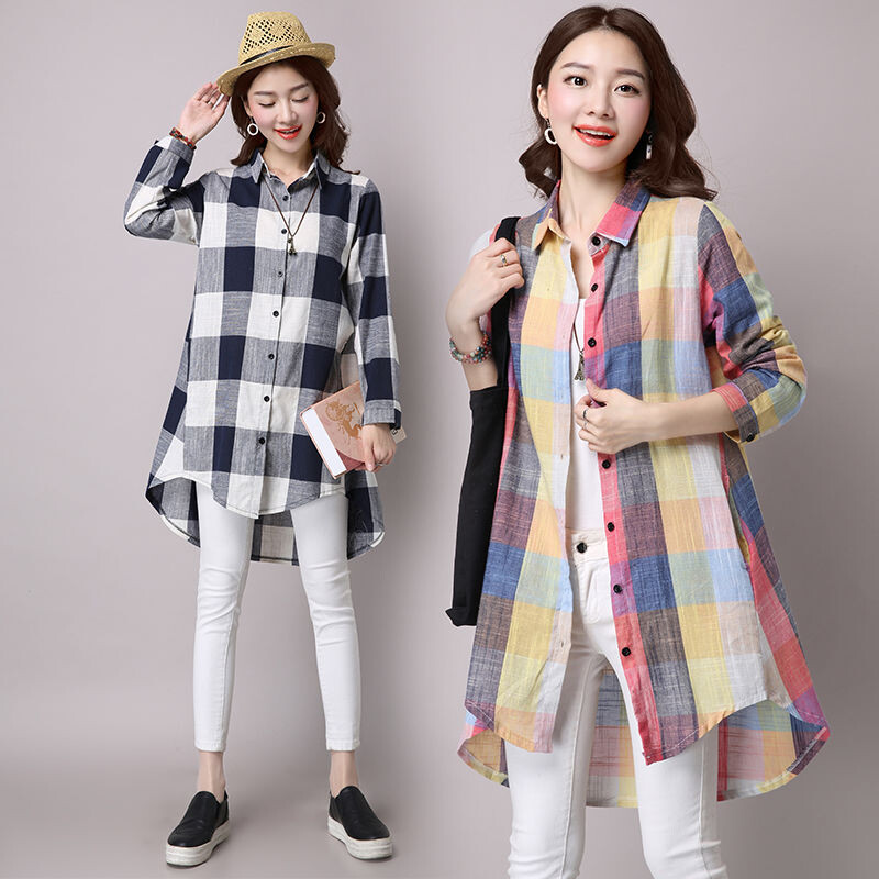Kokvilnas lina vidēja garuma sieviešu rūtains krekls Pavasara rudens jaunais korejiešu variants, brīvs ikdienas temperamenta krekls sievietēm