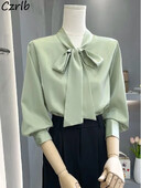 S-3XL Bow Palaidinės Moteriškos Tvirtos ilgomis rankovėmis Blusas Ropa Mujer Temperamento palaidinės, tinka moterims Estetiški drabužiai Visiems tinkantys pavasariniai drabužiai