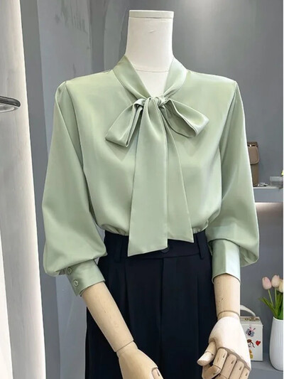 S-3XL Bow Palaidinės Moteriškos Tvirtos ilgomis rankovėmis Blusas Ropa Mujer Temperamento palaidinės, tinka moterims Estetiški drabužiai Visiems tinkantys pavasariniai drabužiai