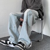 Meeste teksapüksid Disain Nišš Sirge säärega lahtised laia säärega Ilusad rahvuslikud moebrändid Kukkuvad põrandapikkused isapüksid