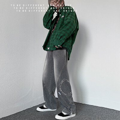 Meeste teksapüksid Disain Nišš Sirge säärega lahtised laia säärega Ilusad rahvuslikud moebrändid Kukkuvad põrandapikkused isapüksid