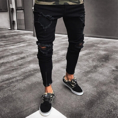 Punk Street Style Blugi skinny rupti pentru bărbați Vintage spălat Pantaloni solidi din denim pentru bărbați Casual Slim Fit Creion Denim Holes Pantaloni 2025