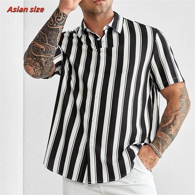 Värvilise triibulise mustriga Hawaii särk meestele Värviline plokk 3D prindiga pluus Lühikeste varrukatega Tänava ülemõõduga revääriga topid Aloha särgid