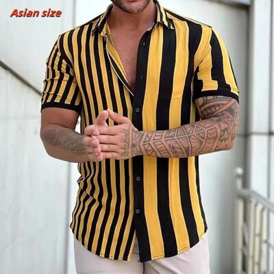 Värvilise triibulise mustriga Hawaii särk meestele Värviline plokk 3D prindiga pluus Lühikeste varrukatega Tänava ülemõõduga revääriga topid Aloha särgid