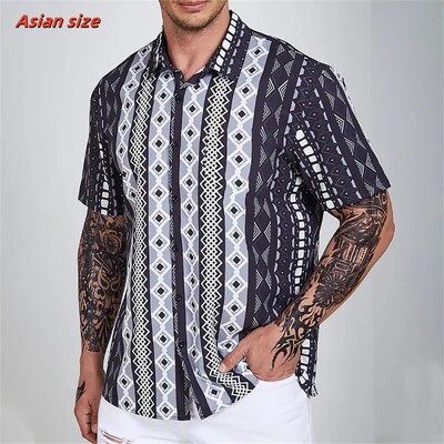 Värvilise triibulise mustriga Hawaii särk meestele Värviline plokk 3D prindiga pluus Lühikeste varrukatega Tänava ülemõõduga revääriga topid Aloha särgid