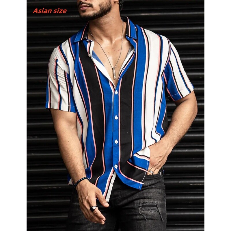 Värvilise triibulise mustriga Hawaii särk meestele Värviline plokk 3D prindiga pluus Lühikeste varrukatega Tänava ülemõõduga revääriga topid Aloha särgid