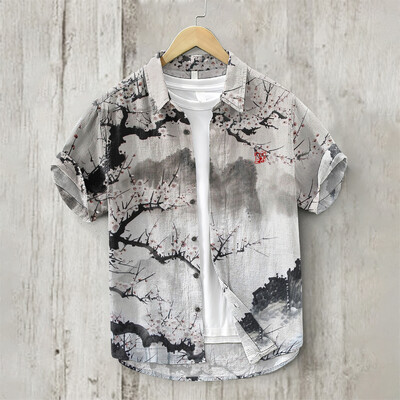 Marškiniai trumpomis rankovėmis su sakurų raštu, japoniškas vintažinio meno linas, bambuko medvilniniai marškiniai, atsitiktinės Havajų atostogos