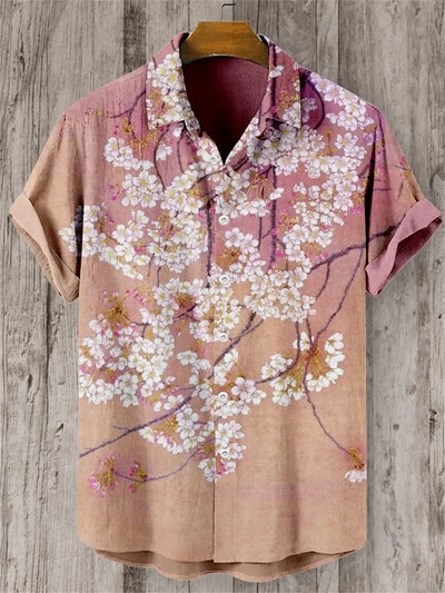 Marškiniai trumpomis rankovėmis su sakurų raštu, japoniškas vintažinio meno linas, bambuko medvilniniai marškiniai, atsitiktinės Havajų atostogos