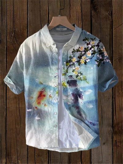 Marškiniai trumpomis rankovėmis su sakurų raštu, japoniškas vintažinio meno linas, bambuko medvilniniai marškiniai, atsitiktinės Havajų atostogos