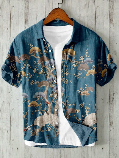 Marškiniai trumpomis rankovėmis su sakurų raštu, japoniškas vintažinio meno linas, bambuko medvilniniai marškiniai, atsitiktinės Havajų atostogos