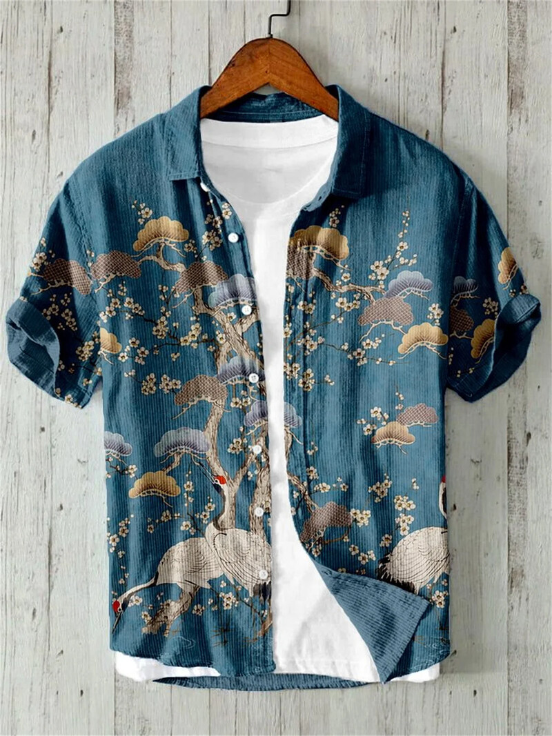 Marškiniai trumpomis rankovėmis su sakurų raštu, japoniškas vintažinio meno linas, bambuko medvilniniai marškiniai, atsitiktinės Havajų atostogos