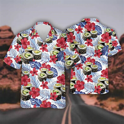 Havaju gardas ātrās ēdināšanas Bento suši garneļu grafikas sieviešu pludmales krekls Hip Hop rīsu bumbu atloka krekls vīriešu top krekls