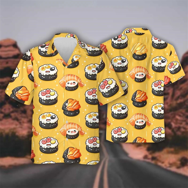 Havaju gardas ātrās ēdināšanas Bento suši garneļu grafikas sieviešu pludmales krekls Hip Hop rīsu bumbu atloka krekls vīriešu top krekls