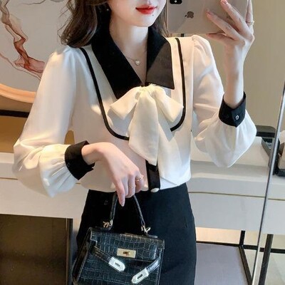 Moteriška Pavasaris Vasara Korėjos biuras Moteriški mygtukai Vienspalviai Peter Pan apykaklės moteriški marškiniai Atrodo ploni šifono viršūnės ilgomis rankovėmis