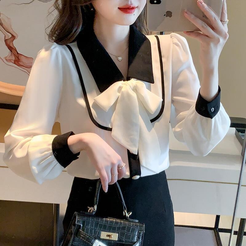Moteriška Pavasaris Vasara Korėjos biuras Moteriški mygtukai Vienspalviai Peter Pan apykaklės moteriški marškiniai Atrodo ploni šifono viršūnės ilgomis rankovėmis