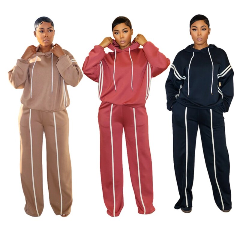 Rudens ziemas modes vienkrāsains divdaļīgs komplekts Sieviešu džemperis ar garām piedurknēm ar kapuci, garas bikses, ikdienas sporta divdaļīgs komplekts