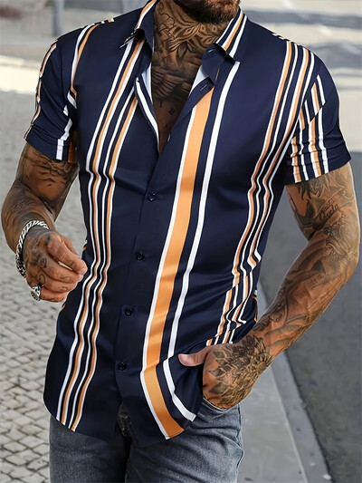 Vasaras svītru krāsu bloks 3D apdrukāts ikdienas biroja krekls vīriešu sieviešu ikdienas modes vintage krekls ar īsām piedurknēm Vīriešu krekls