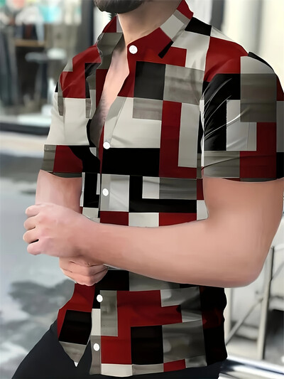 Vasaras svītru krāsu bloks 3D apdrukāts ikdienas biroja krekls vīriešu sieviešu ikdienas modes vintage krekls ar īsām piedurknēm Vīriešu krekls