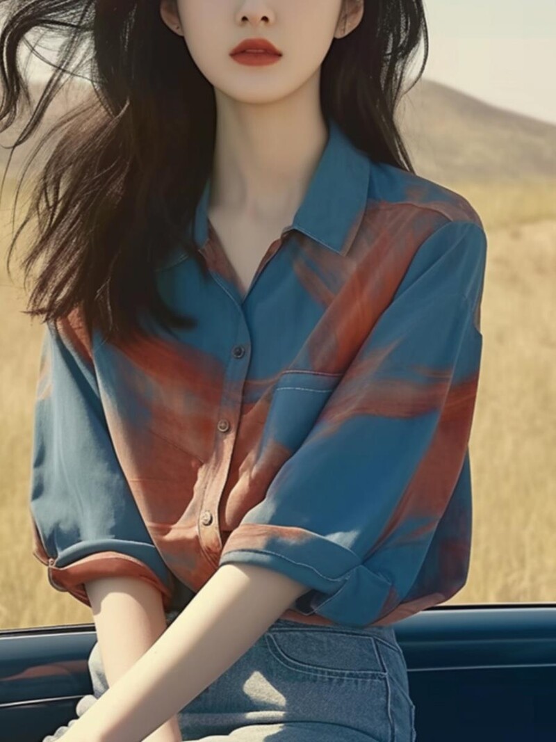 Sinine lipsuvärviga polokrae Keskvarrukaga nööpidega särk naistele Niche Summer Uus šikk kardigantop