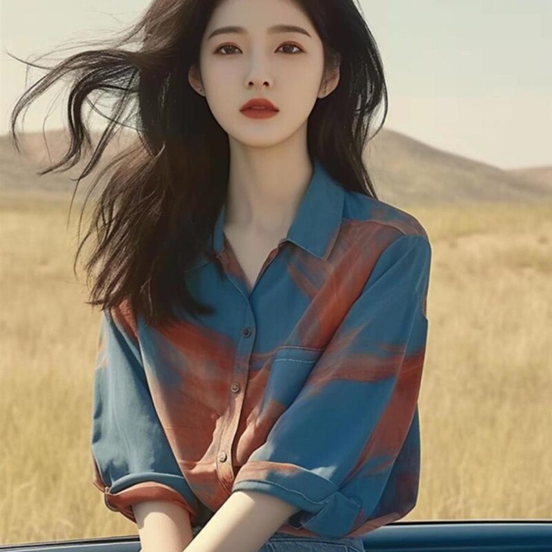 Sinine lipsuvärviga polokrae Keskvarrukaga nööpidega särk naistele Niche Summer Uus šikk kardigantop