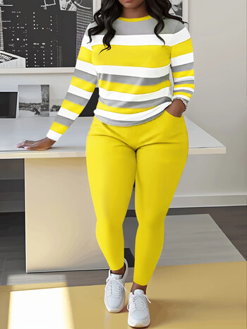 Plus Size Two Piece Σετ Colorblock Casual με μακρυμάνικο μπλουζάκι με λαιμόκοψη και μακρύ παντελόνι Γυναικεία σετ ασορτί ρούχων