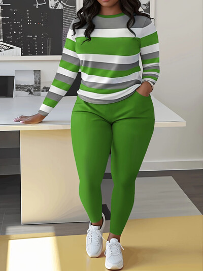 Didelio dydžio dviejų dalių rinkiniai Colorblock Casual O formos iškirptė ilgomis rankovėmis ir ilgų kelnių rinkinys Moteriški didelio dydžio drabužių derinimo rinkiniai