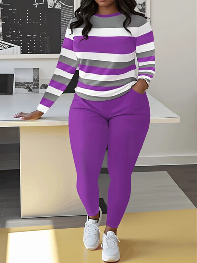 Didelio dydžio dviejų dalių rinkiniai Colorblock Casual O formos iškirptė ilgomis rankovėmis ir ilgų kelnių rinkinys Moteriški didelio dydžio drabužių derinimo rinkiniai