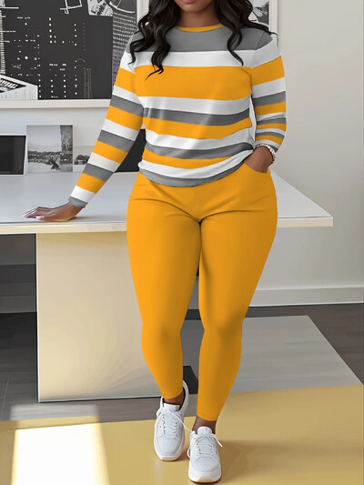 Didelio dydžio dviejų dalių rinkiniai Colorblock Casual O formos iškirptė ilgomis rankovėmis ir ilgų kelnių rinkinys Moteriški didelio dydžio drabužių derinimo rinkiniai