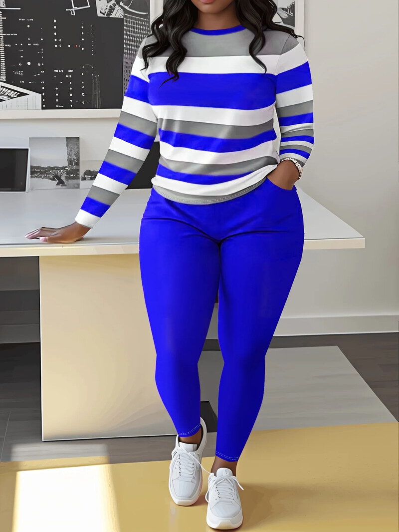 Didelio dydžio dviejų dalių rinkiniai Colorblock Casual O formos iškirptė ilgomis rankovėmis ir ilgų kelnių rinkinys Moteriški didelio dydžio drabužių derinimo rinkiniai