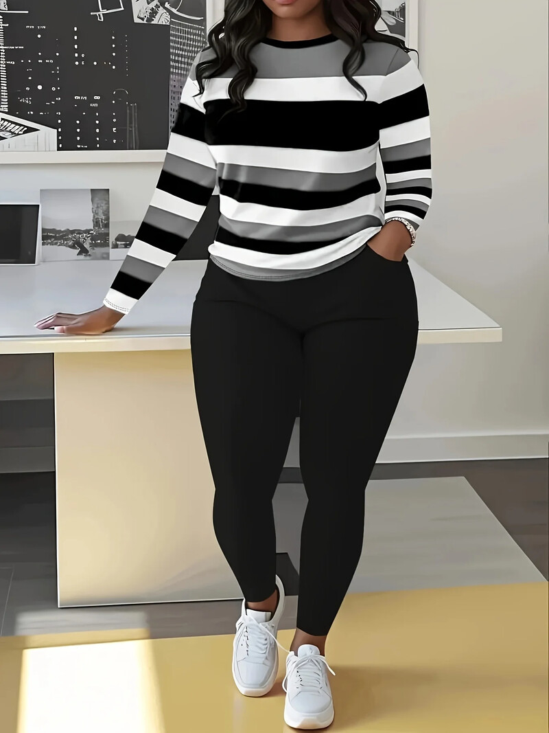 Didelio dydžio dviejų dalių rinkiniai Colorblock Casual O formos iškirptė ilgomis rankovėmis ir ilgų kelnių rinkinys Moteriški didelio dydžio drabužių derinimo rinkiniai