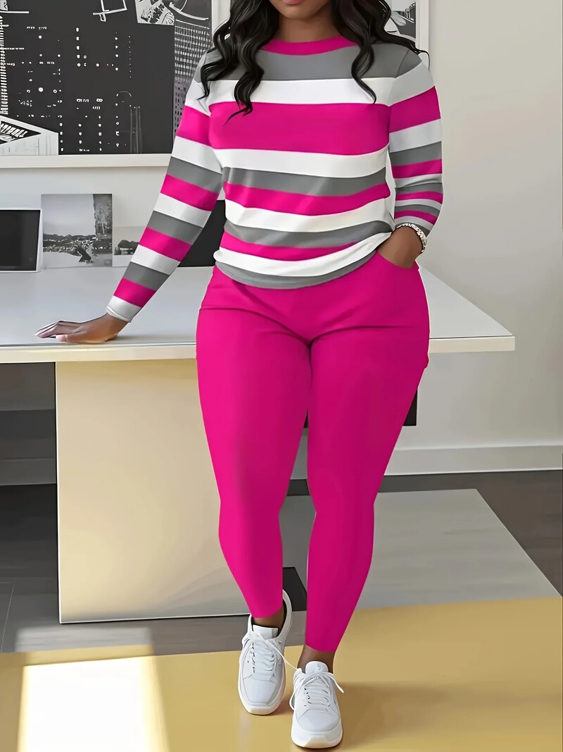 Didelio dydžio dviejų dalių rinkiniai Colorblock Casual O formos iškirptė ilgomis rankovėmis ir ilgų kelnių rinkinys Moteriški didelio dydžio drabužių derinimo rinkiniai