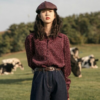 Paksendatud velvetist lilleline särk Naiste retrohõnguline Hongkongi stiilis särk Sügis-talv Uues stiilis kevade ja sügise pikkade varrukatega topid