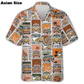 Spalvingi hipių autobusų automobiliai vyriški vasariniai taikos ir meilės spausdinti mygtukai minkšta, kvėpuojanti krūtinės kišenė, laisvalaikio havajietiški marškiniai, vyriški viršutiniai drabužiai