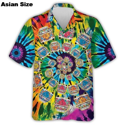 Spalvingi hipių autobusų automobiliai vyriški vasariniai taikos ir meilės spausdinti mygtukai minkšta, kvėpuojanti krūtinės kišenė, laisvalaikio havajietiški marškiniai, vyriški viršutiniai drabužiai