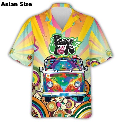 Spalvingi hipių autobusų automobiliai vyriški vasariniai taikos ir meilės spausdinti mygtukai minkšta, kvėpuojanti krūtinės kišenė, laisvalaikio havajietiški marškiniai, vyriški viršutiniai drabužiai