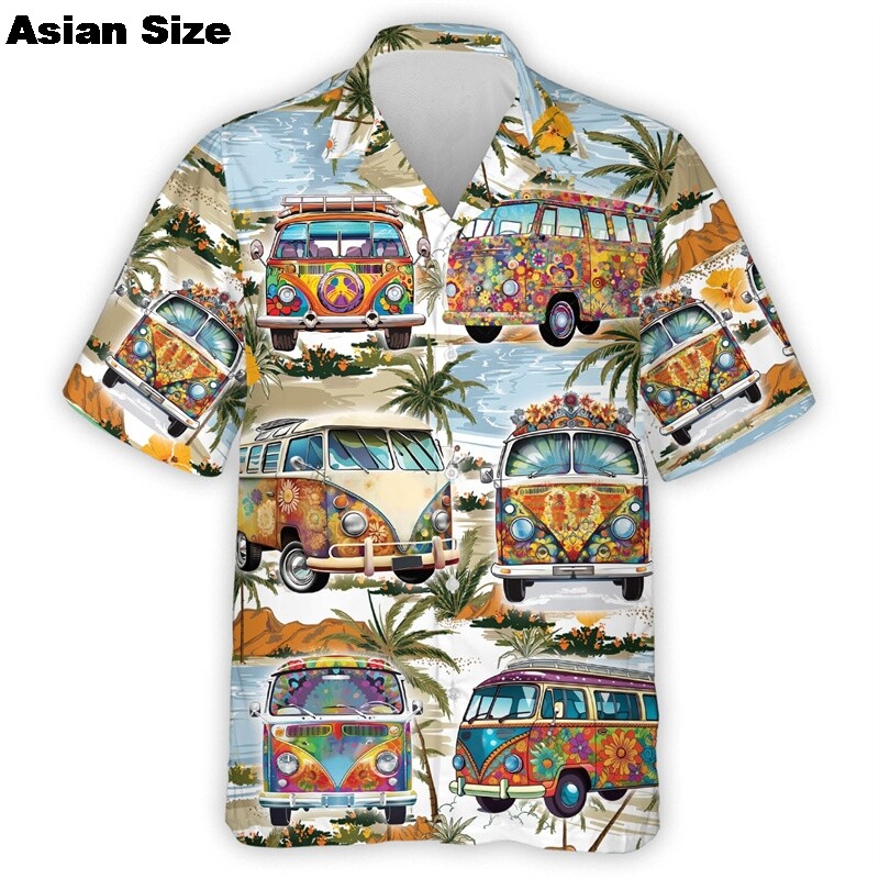 Spalvingi hipių autobusų automobiliai vyriški vasariniai taikos ir meilės spausdinti mygtukai minkšta, kvėpuojanti krūtinės kišenė, laisvalaikio havajietiški marškiniai, vyriški viršutiniai drabužiai